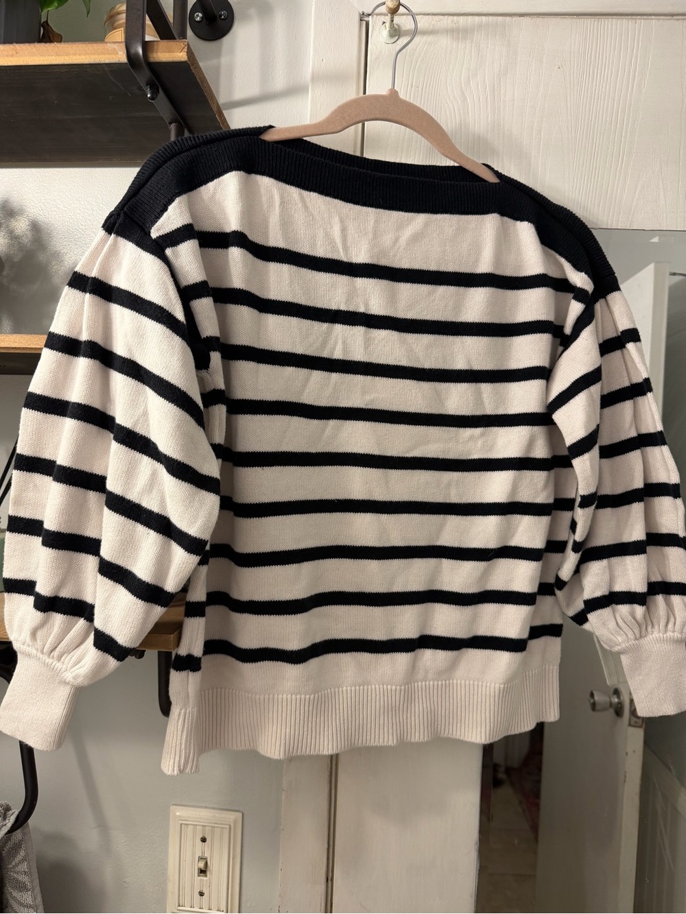 LOFT Black and Cream Striped Off-the-Shoulder Sweater